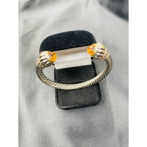 Mogul Style Gripoix Silver Tone Twisted Cable Cuff Bracelet With Amber Cabochon - Picture 8 of 11